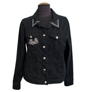 Isaacs Designs Goldwing Womens M Black Denim Jacket Rhinestone Embellishments